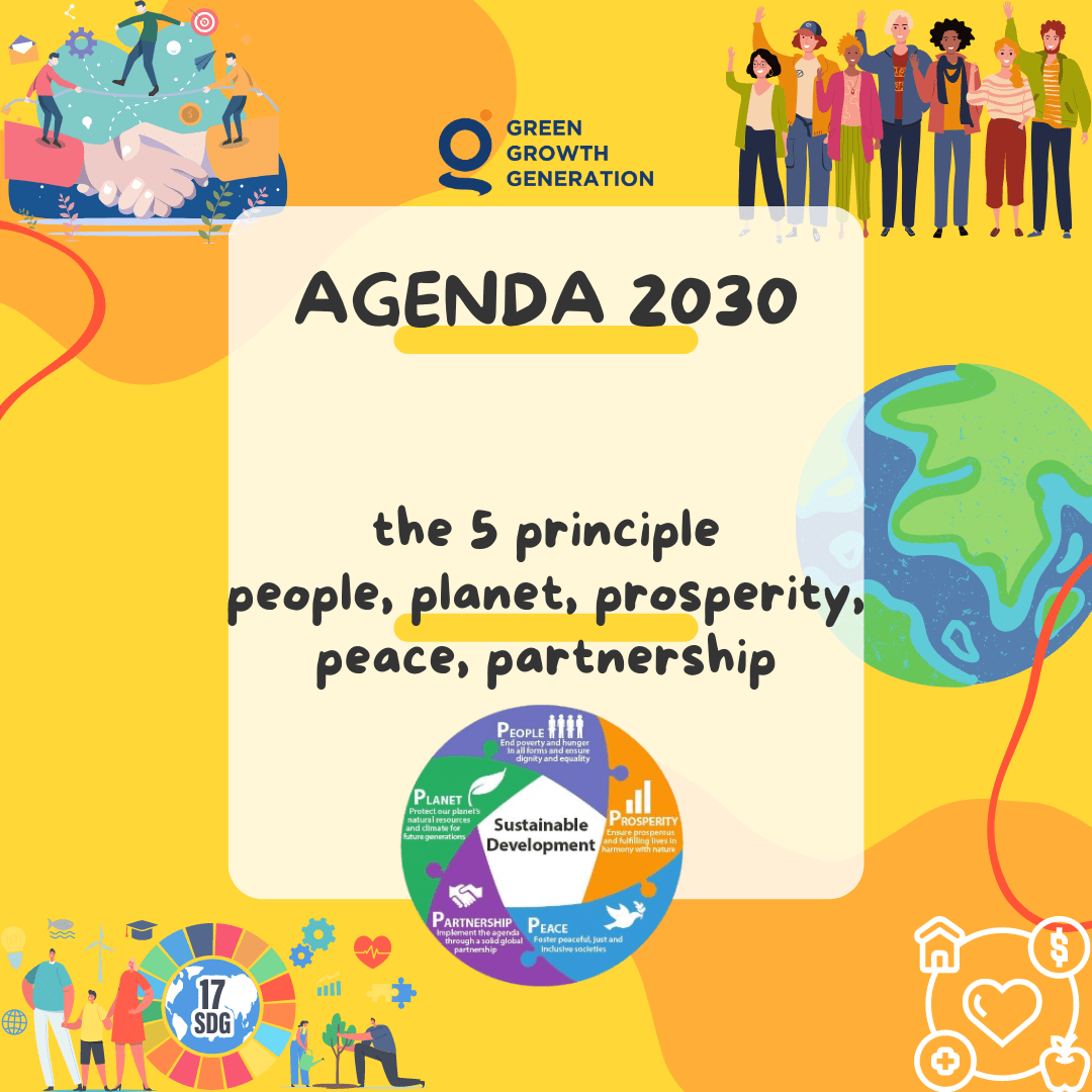 5 principali elementi dell'agenda 2030: persone, pianeta, sostenibilità, prosperità, pace, partnerships